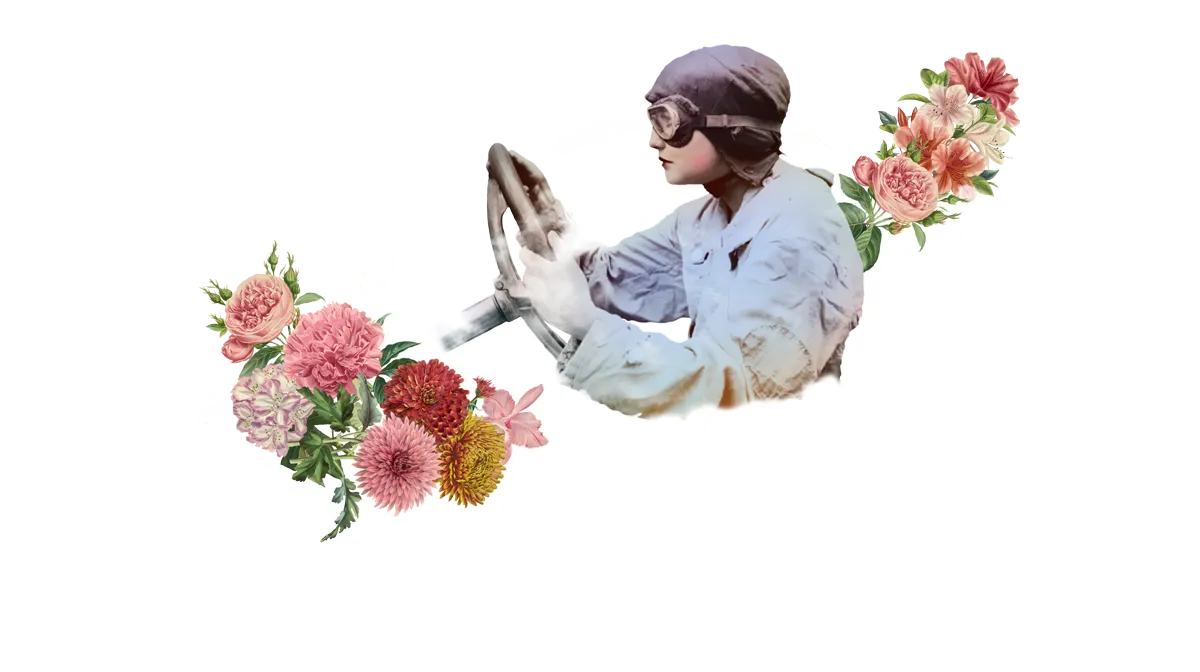 Collage: Frau mit Fliegerhaube am Steuer, zwischen Wolken und Blumen