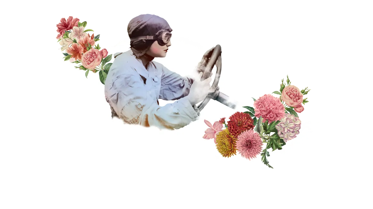 Collage: Frau mit Fliegerhaube zwischen Wolken und Blumen