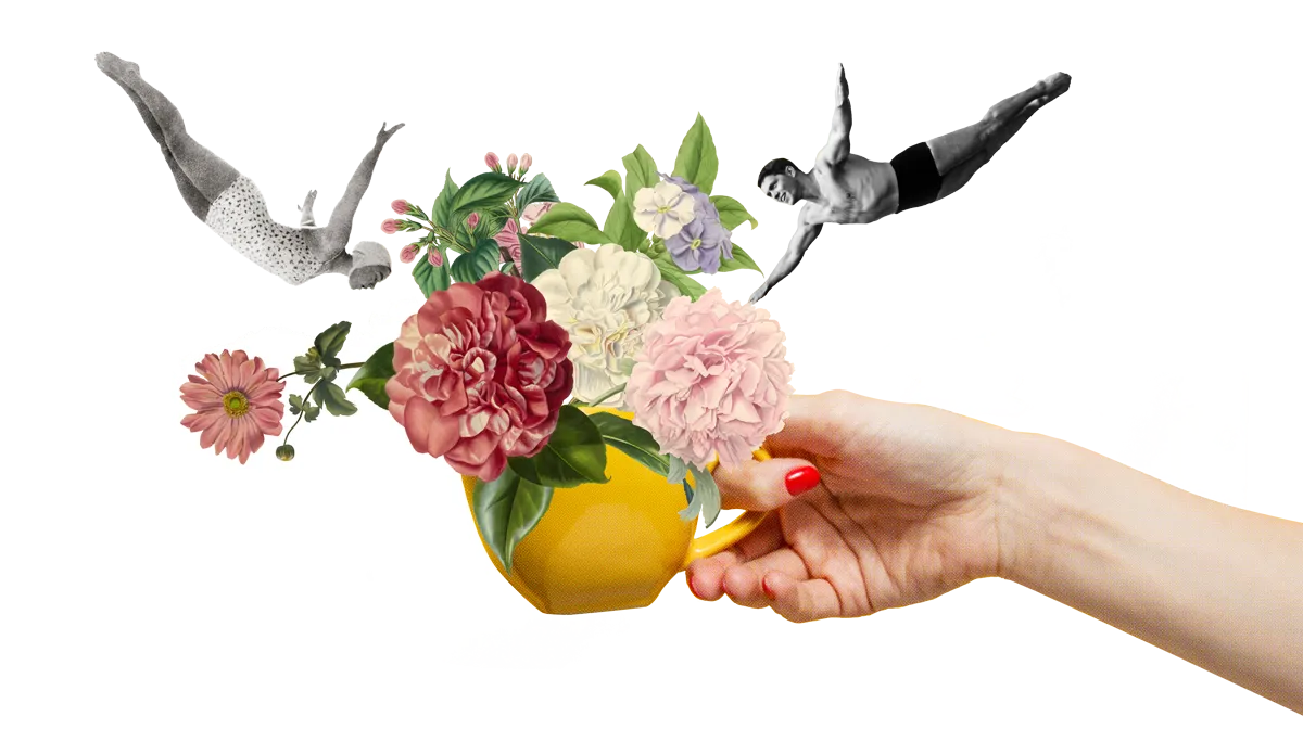 Collage: Eine Hand reicht eine Tasse voller Blumen, darüber zwei Springer zwischen Wolken