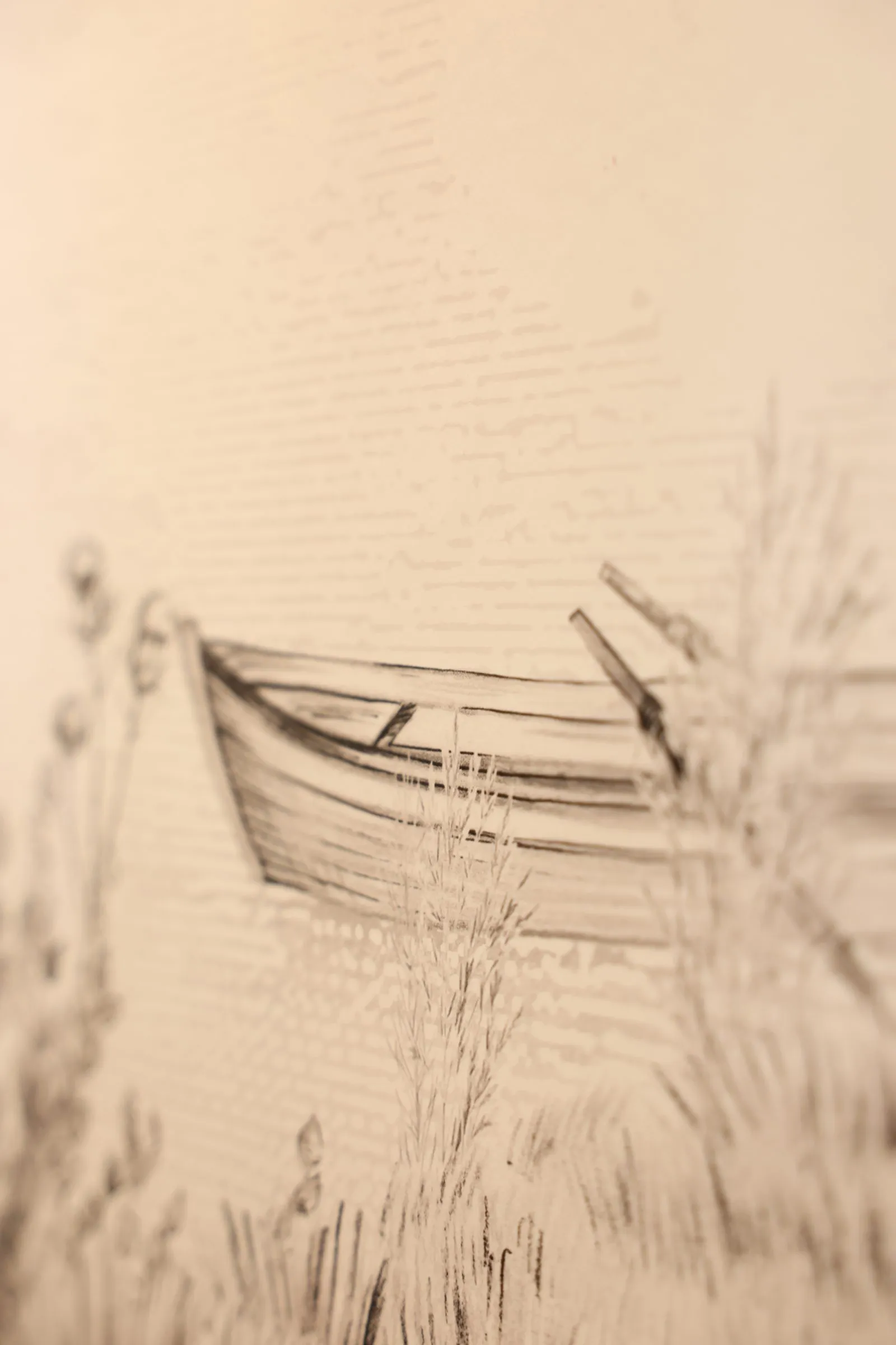 Detail der Tapete: ein gezeichnetes Boot im Schilf